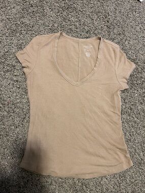 American Eagle Outfitters Tan Ribbed Soft & Sexy V-Neck Short Sleeve Tee